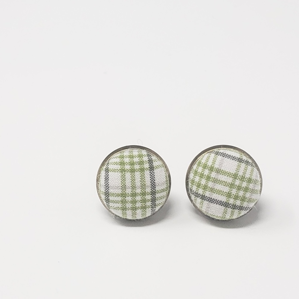 New Handmade | Upcycled Green Gray Ivory Plaid Button Stud Earrings